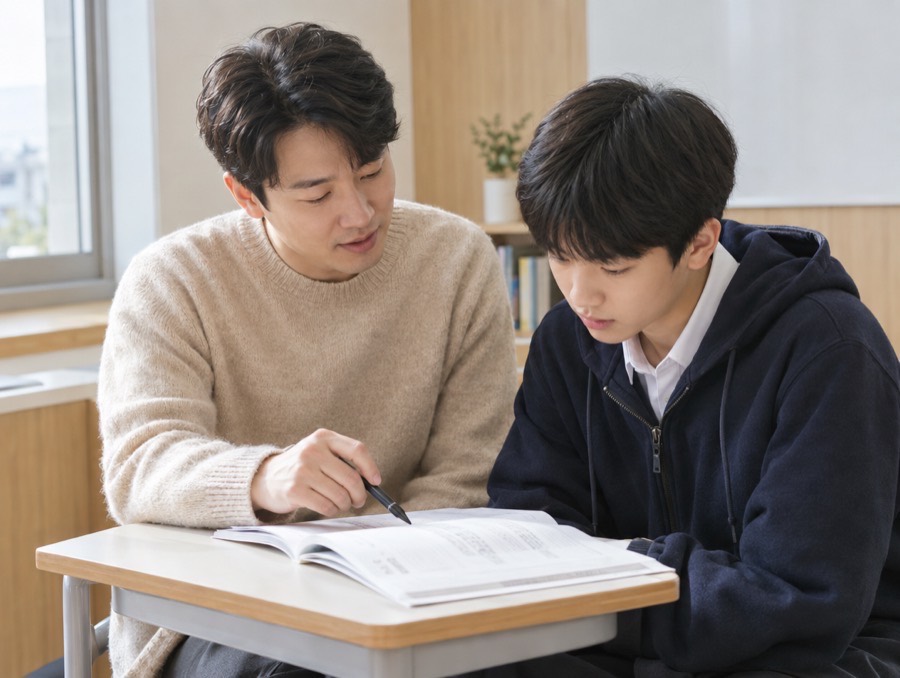 학생의 숙제를 함께 보는 강사와 학생
